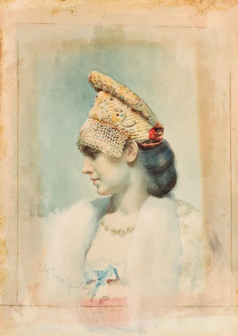 Porträtt av en flicka med kokosjnik i profil av Léon Bakst