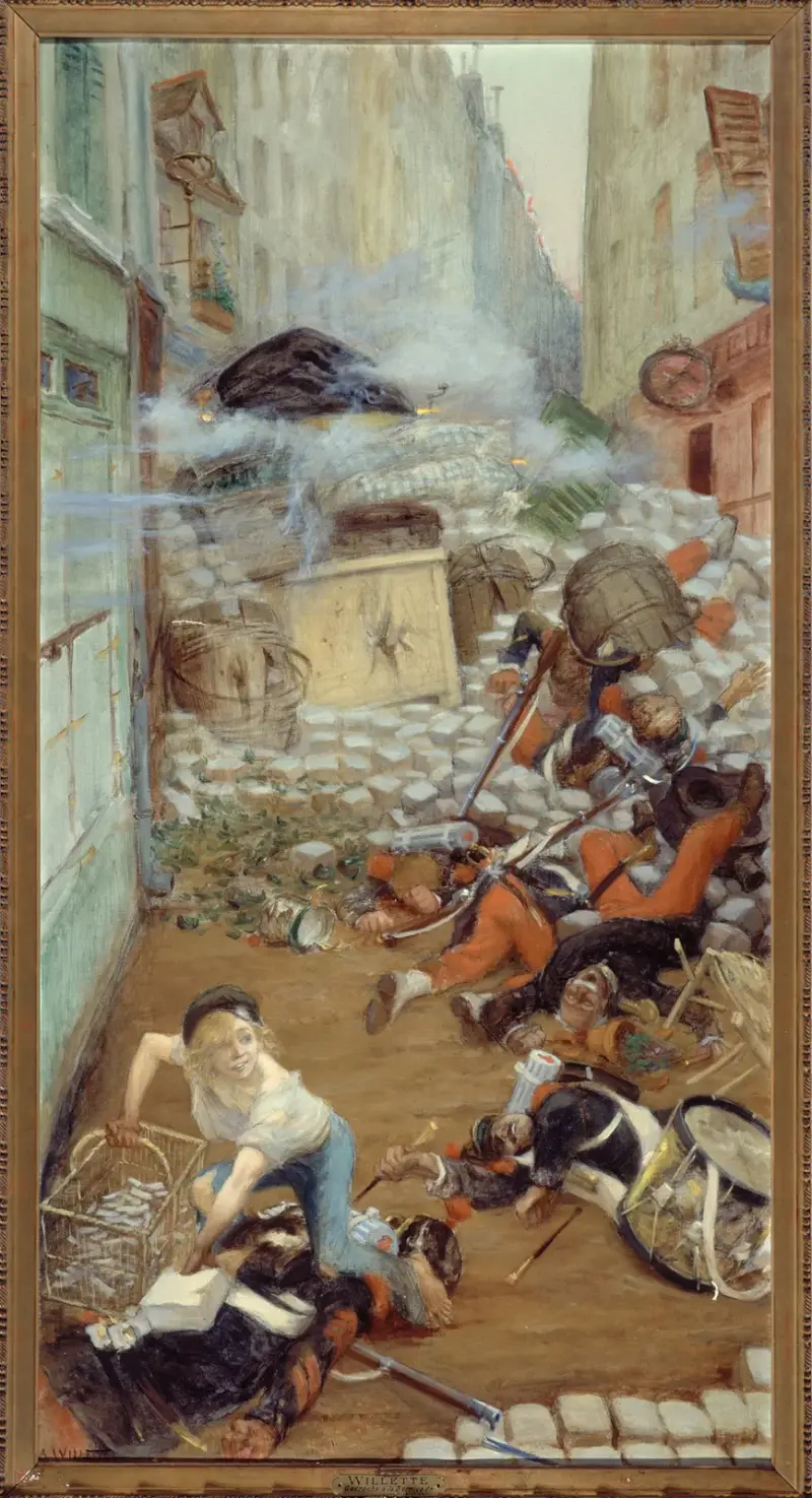 Gavroche som samlar kulor till barrikaden av Adolphe Léon Willette