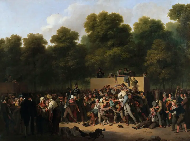 Utdelning av vin och mat på Champs-Élysées med anledning av kungens fest av Louis-Léopold Boilly
