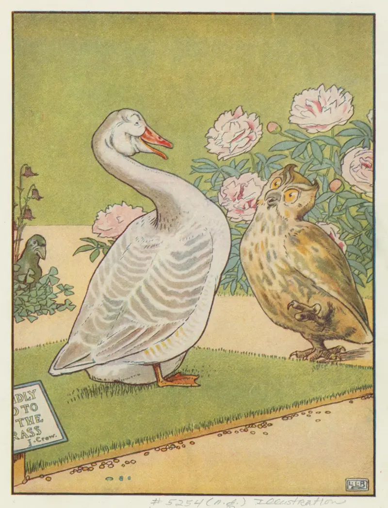 Owl and goose talking. av Leonard Leslie Brooke