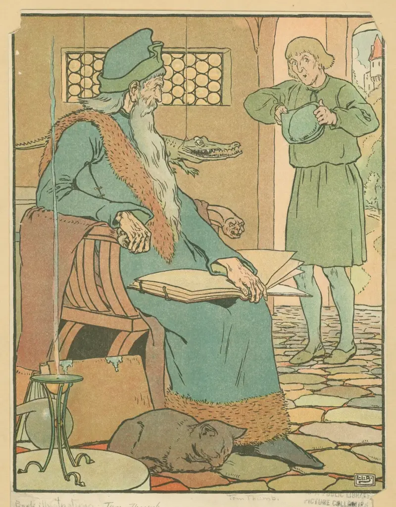 Toms far ber Merlin trollkarlen ge sin hustru ett barn av Leonard Leslie Brooke