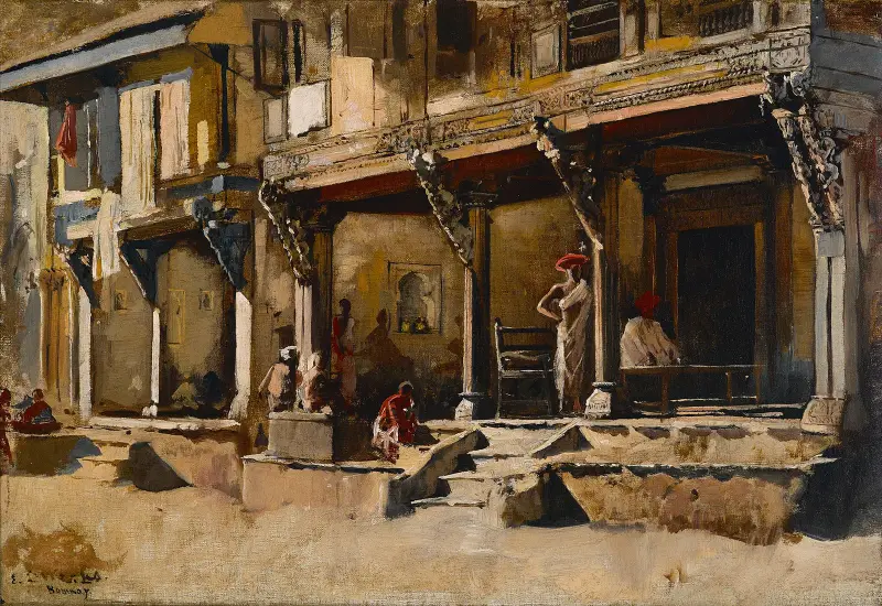 Köpmän längs en gata i Bombay av Edwin Lord Weeks