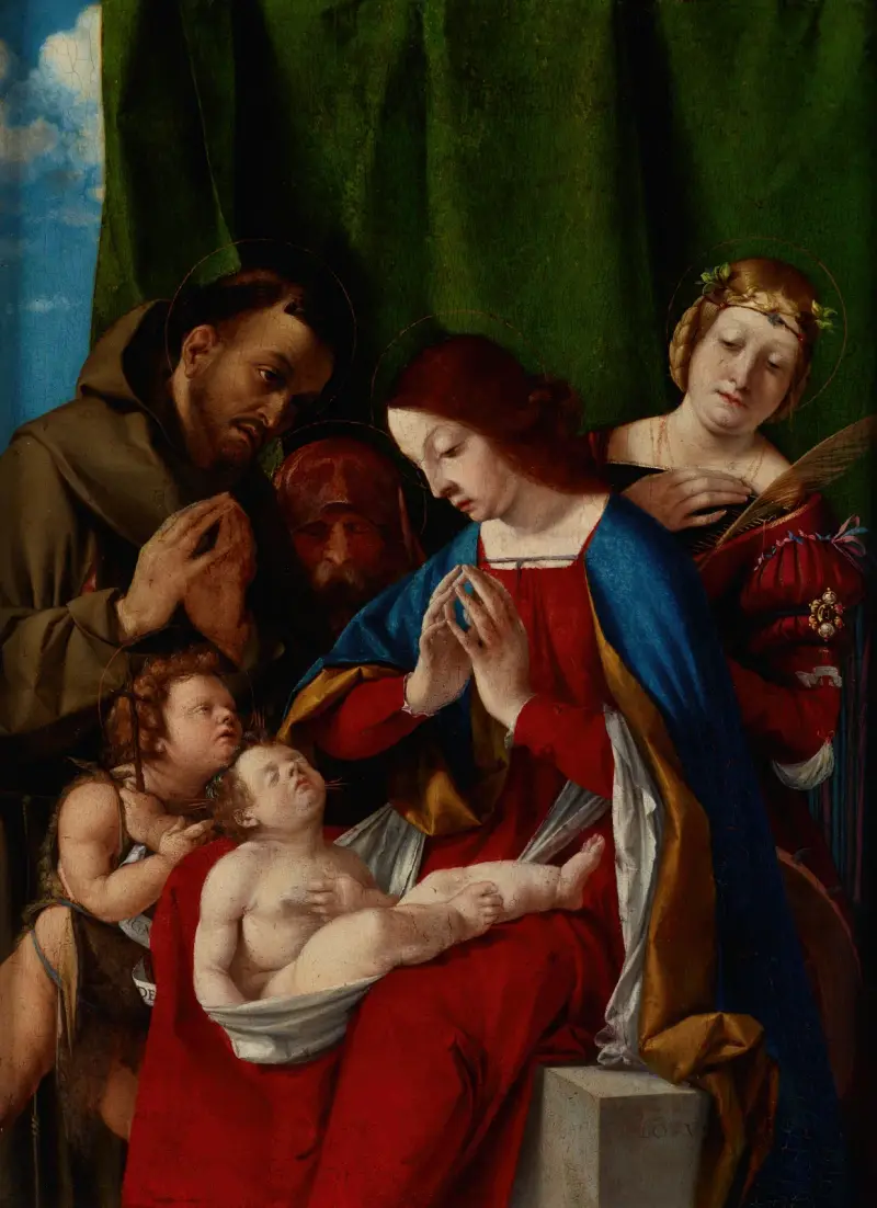 Madonnan och barnet med helgonen Johannes döparen, Franciskus av Assisi, Josef och Katarina av Alexandria av Lorenzo Lotto
