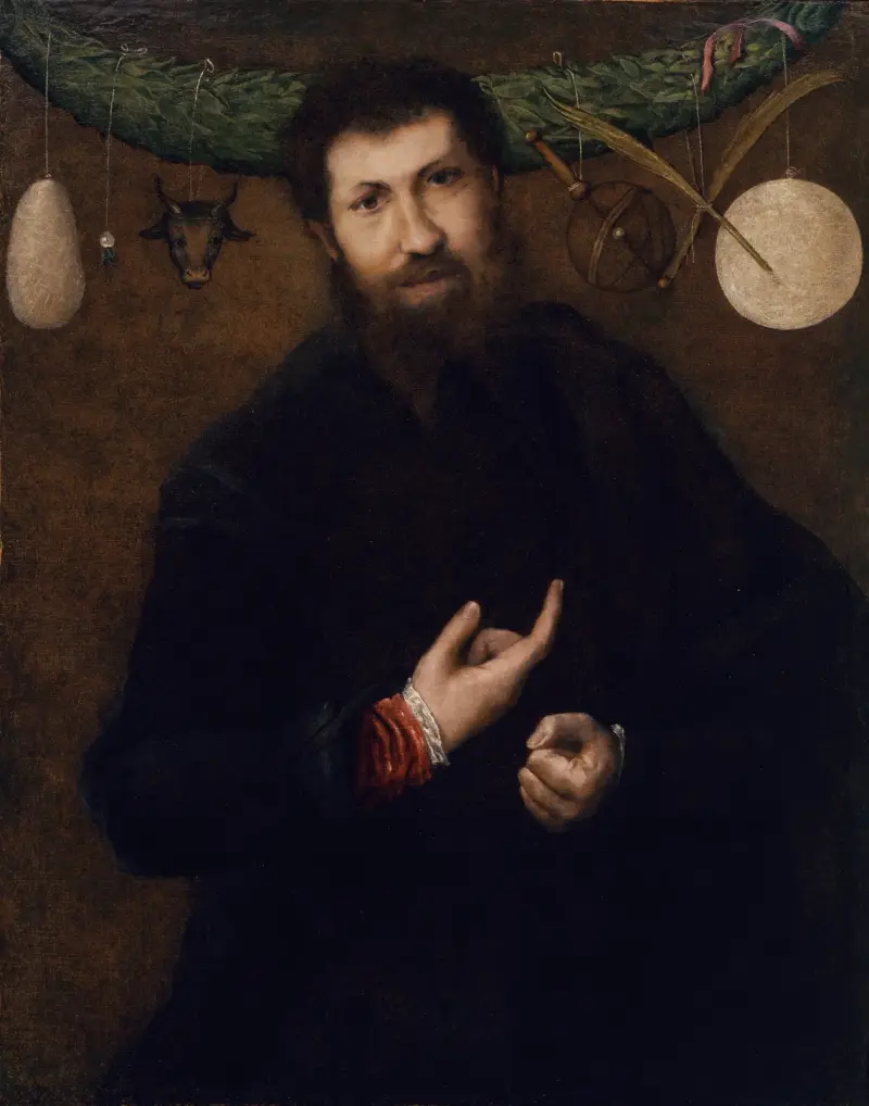 Porträtt av en man med allegoriska symboler av Lorenzo Lotto