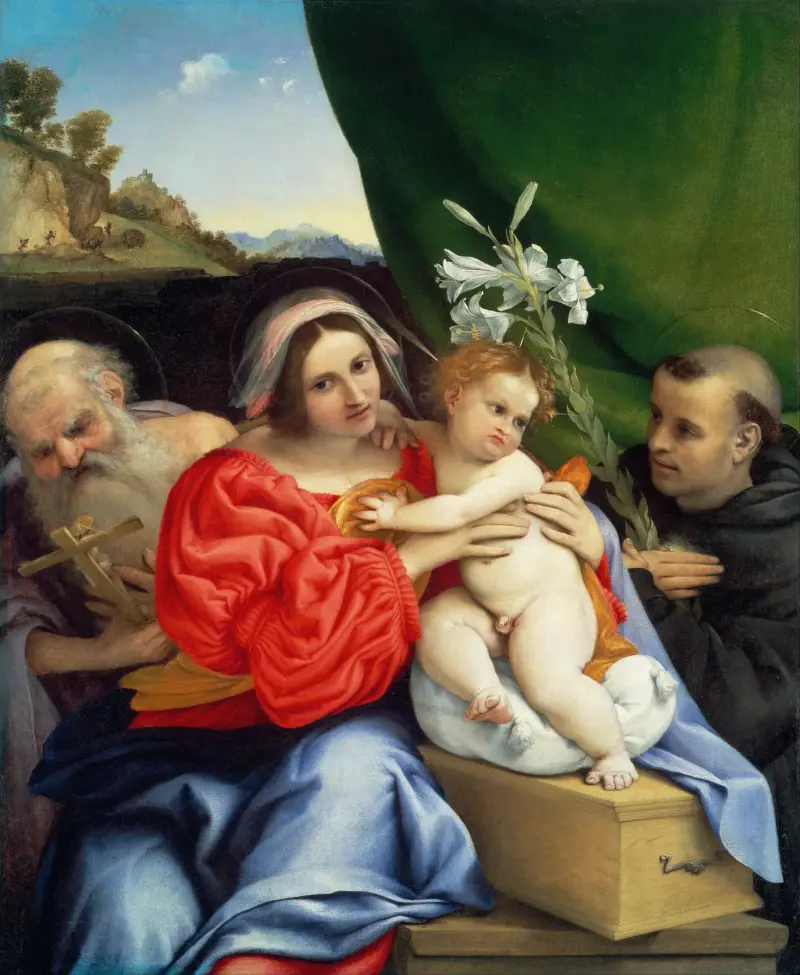 Madonnan med barnet och helgonen Hieronymus och Nikolaus av Tolentino av Lorenzo Lotto