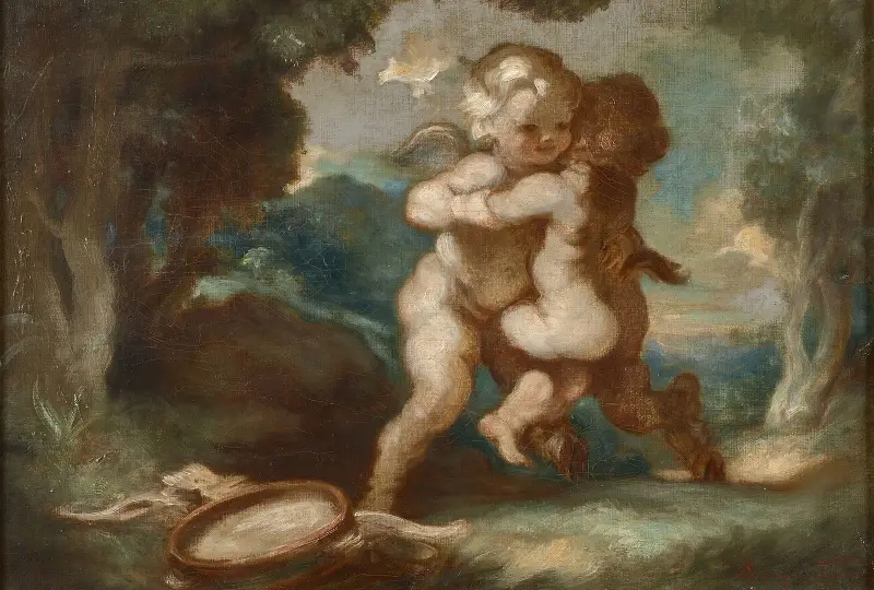 Geflügelter Amor, mit einem jungen Faun spielend von Louis Anquetin