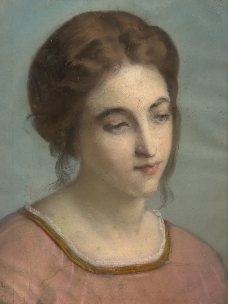 Porträtt av en ung kvinna i rosa skjorta av Louis Janmot