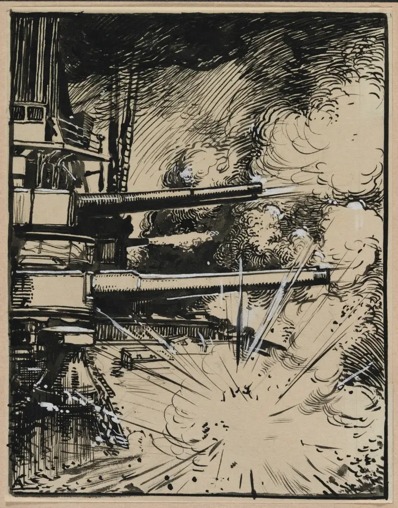 Bombe, die auf einem Panzerschiff mit gerichteten Kanonen explodiert von Auguste Louis Lepère