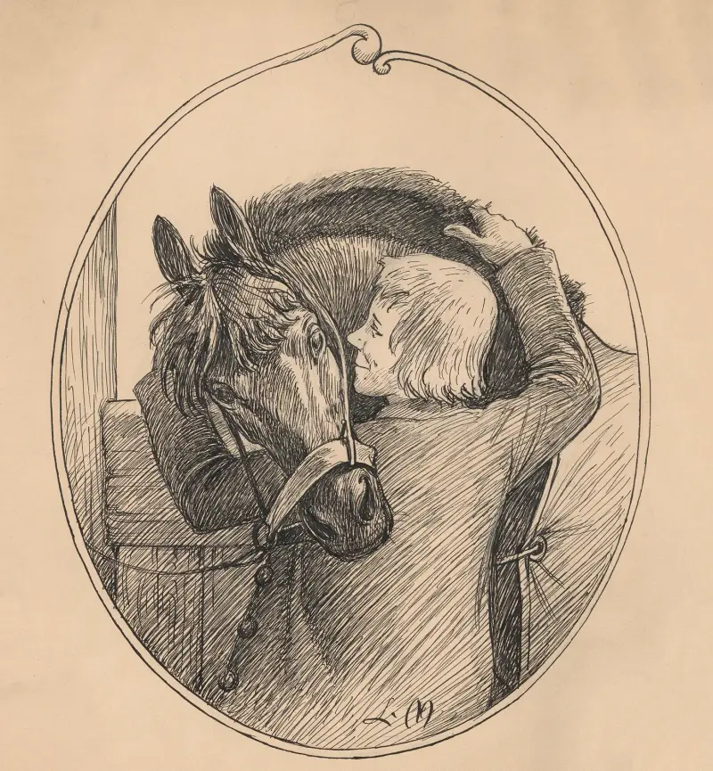 A boy hugs a horse. av Louis Moe
