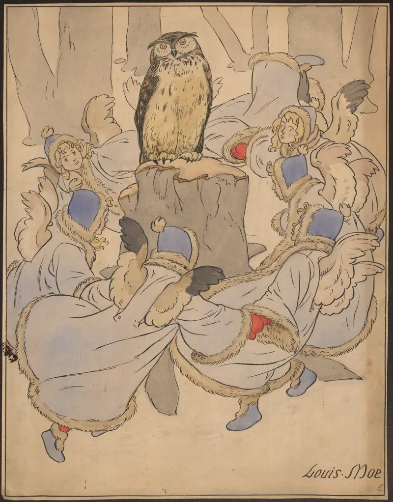 Elves or angels in winter clothes dance around an owl on a tree stump. av Louis Moe