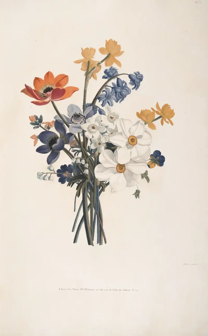 Bukett med hyacinter, olika narcisser, anemoner, penséer, gullviva, liljekonvalj och gul lövkoja av Jean Louis Prévost