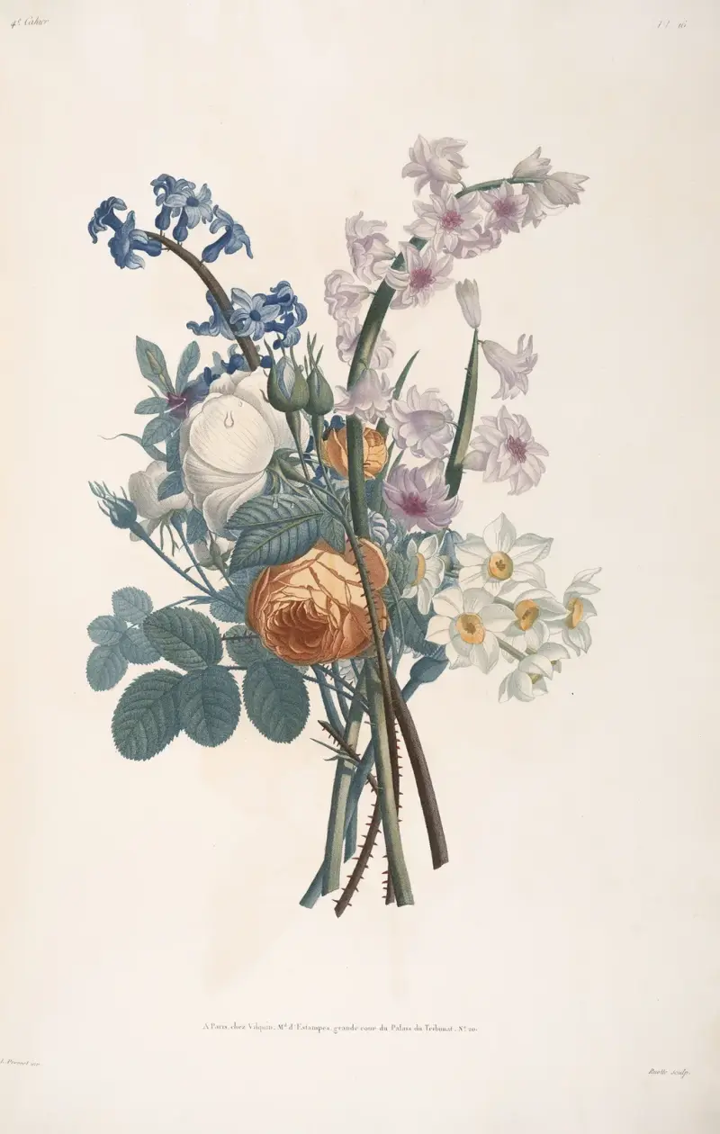 Bukett med gula och vita rosor, hyacinter och narcisser av Jean Louis Prévost