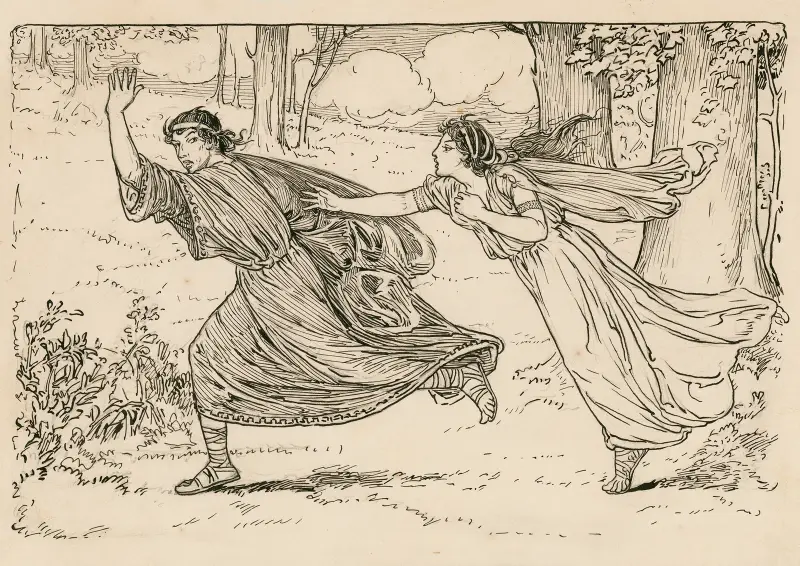 Ein Sommernachtstraum, Helena verfolgt Demetrius von Louis Rhead