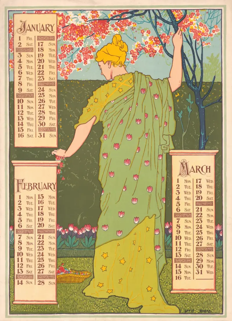 Affischkalender för 1897. Januari, februari, mars av Louis Rhead