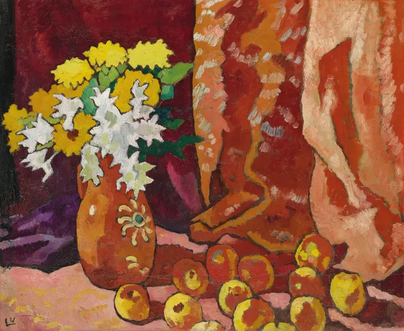 Blumenstrauß im braunen Krug mit Äpfeln von Louis Valtat