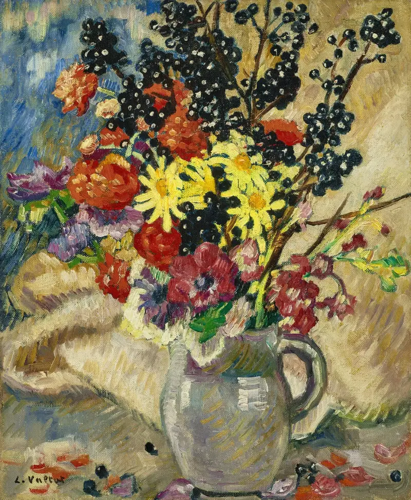 Bukett med svarta vinbärsgrenar i brun kruka av Louis Valtat