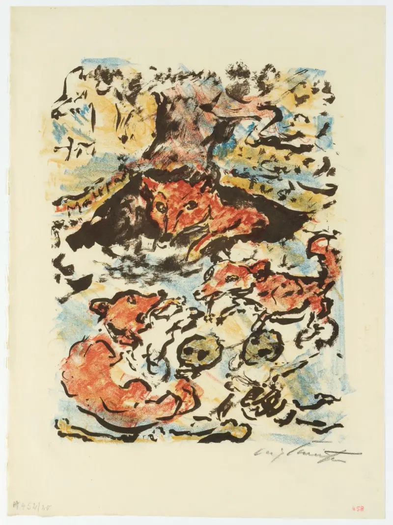 Rävhonan Ermelyn med sina ungar i rävlyan Malepartus av Lovis Corinth