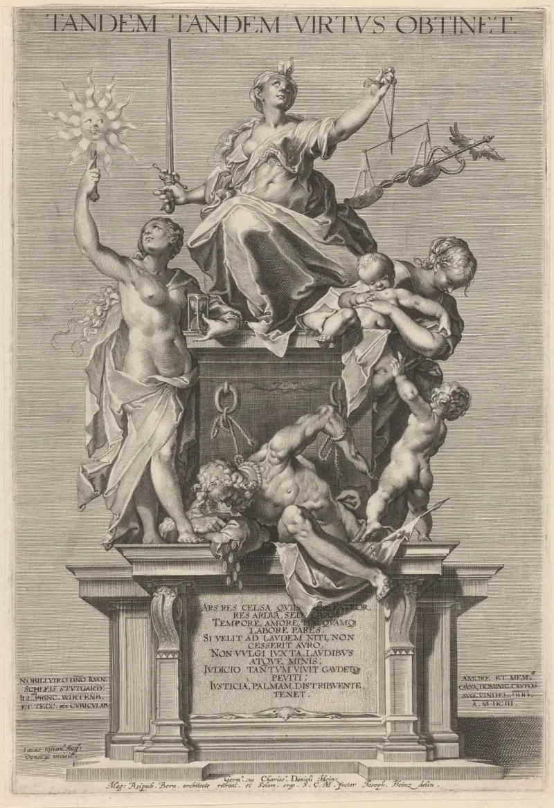 Allegori över dygden med Rättvisan (Justitia) flankerad av Tiden (Tempus) och Barmhärtigheten (Caritas) av Lucas Kilian