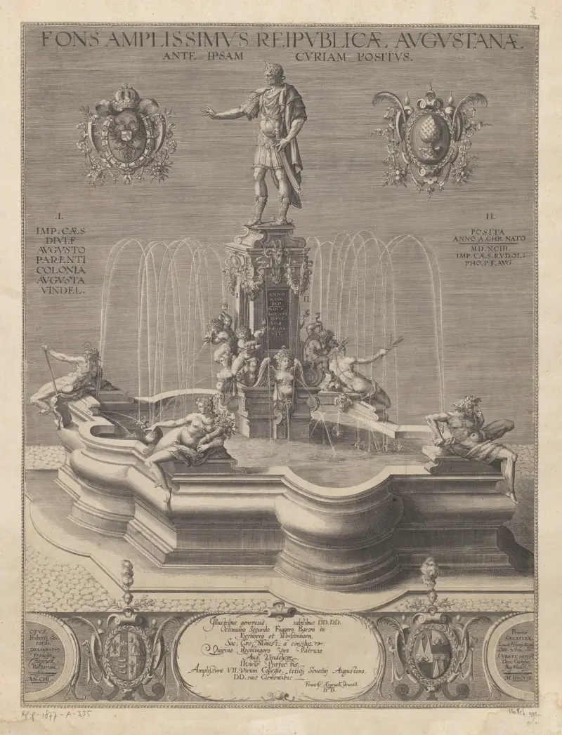 Fontän med staty av kejsar Rudolf II av Habsburg som Caesar av Lucas Kilian