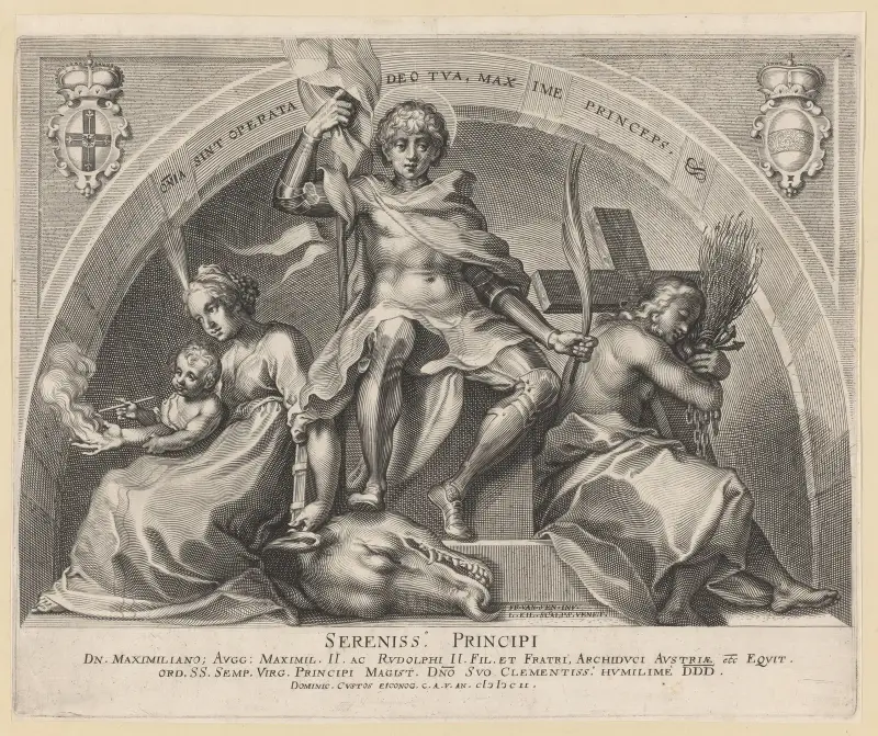 Sankt Göran med Sankta Margareta och Maria Magdalena på ömse sidor av Lucas Kilian