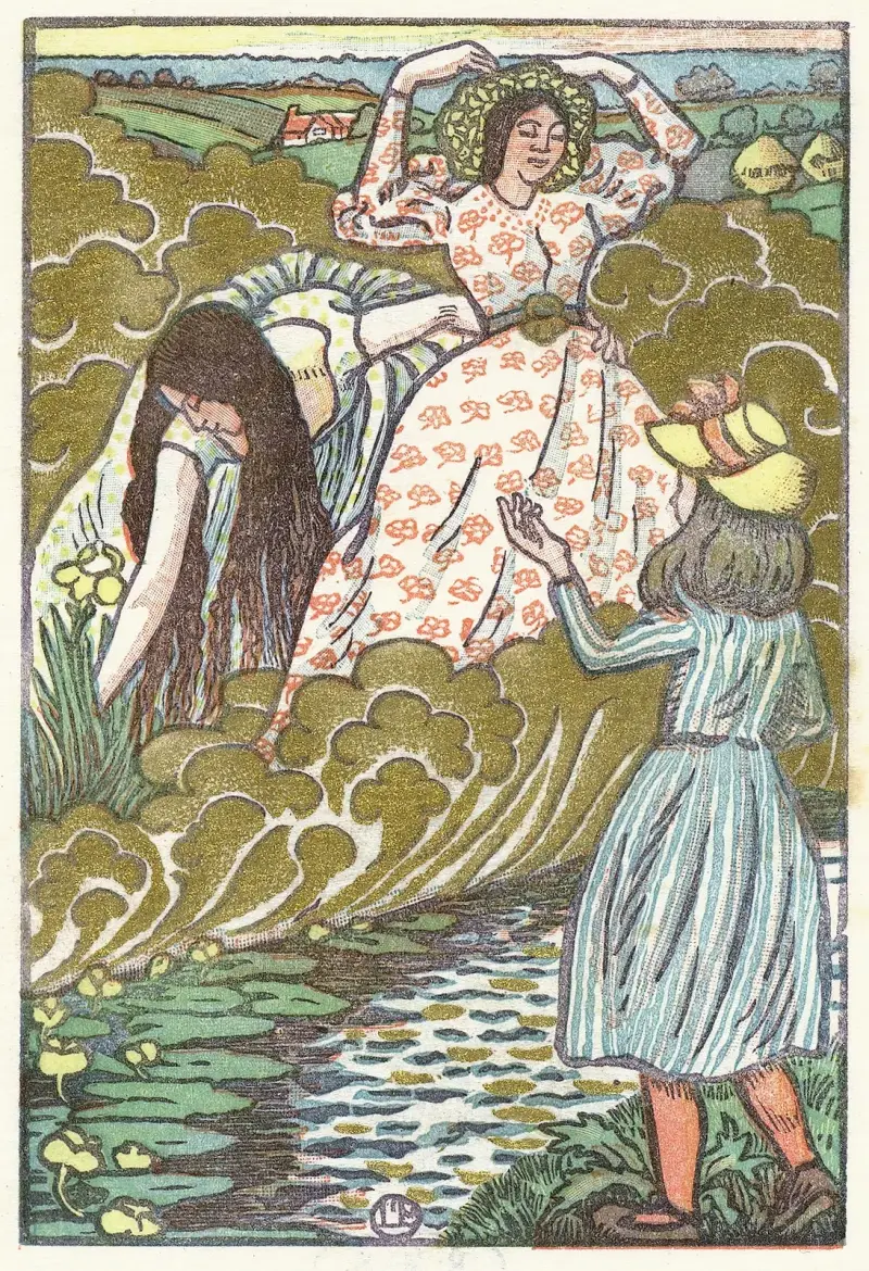 Ein Mädchen und zwei Frauen an einem Bach von Lucien Pissarro