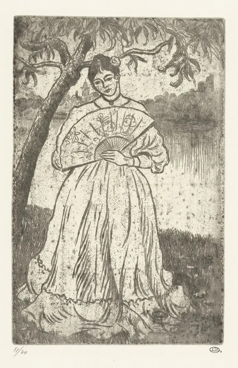 Kvinna med solfjäder av Lucien Pissarro