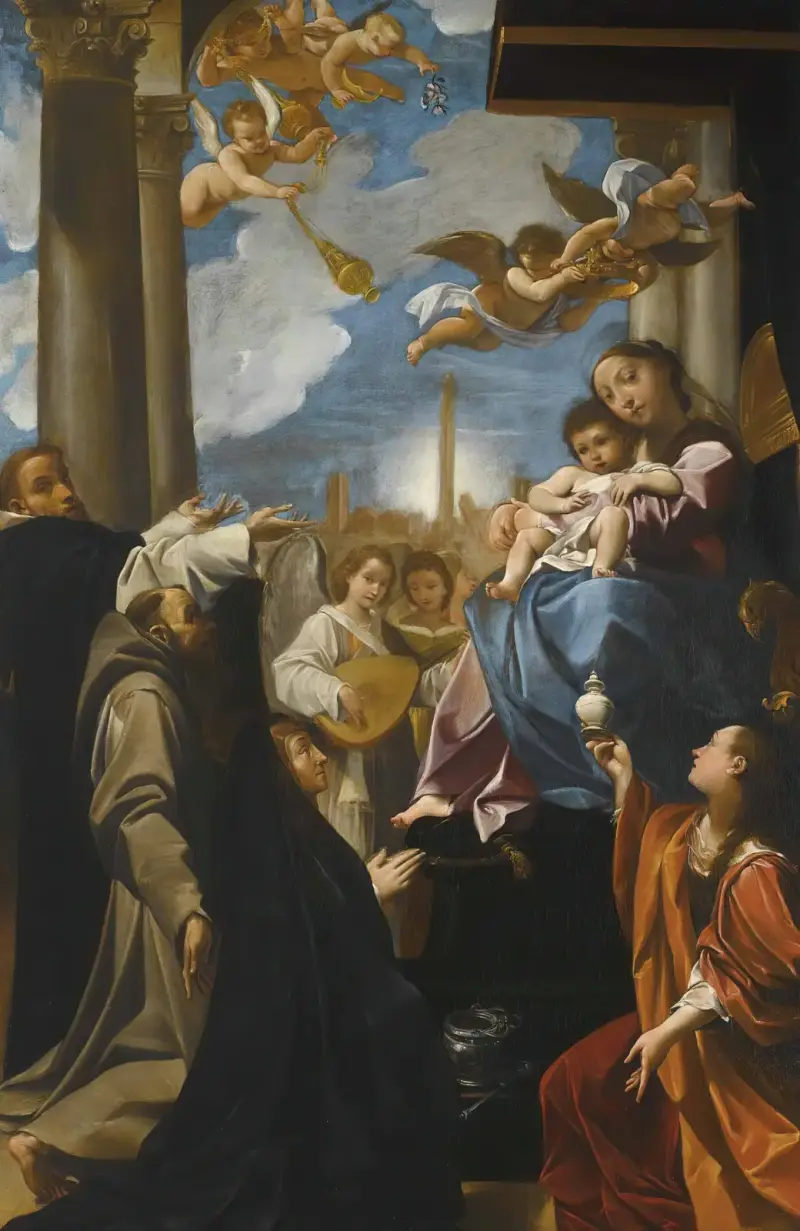 Madonnan och barnet på tronen med änglar, helige Dominicus, helige Franciskus, Magdalena och en kvinnlig donator; 'Bargellini-Madonnan' av Ludovico Carracci
