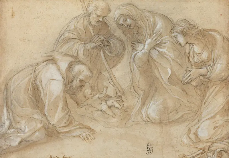 Jesu födelse med helgonen Franciskus och Agnes av Ludovico Carracci