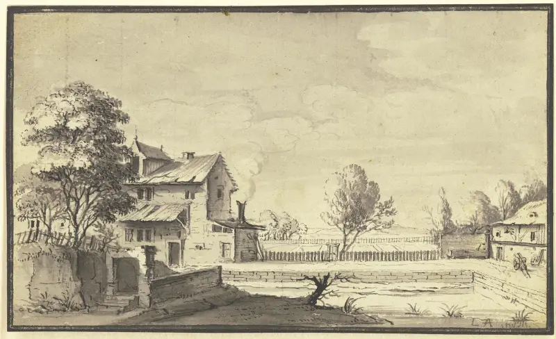 Ein Bauerngut an einem Flüßchen av Johann Ludwig Aberli
