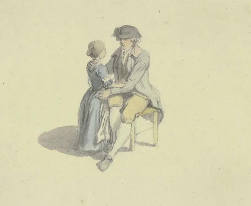 En man på en stol i samtal med en flicka av Johann Ludwig Aberli