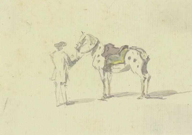 En man bakifrån som håller en fläckig häst i tygeln av Johann Ludwig Aberli