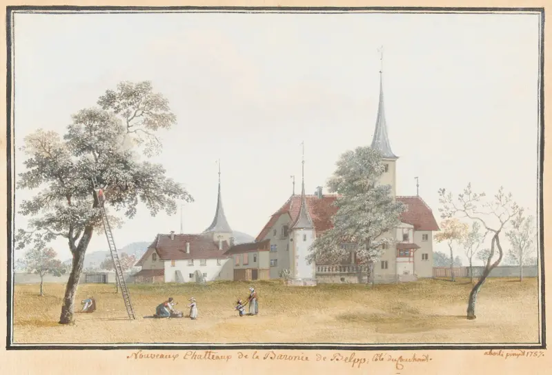 Nouveaux Chatteaux de la Baronie de Belpp; Côté du Couchant av Johann Ludwig Aberli