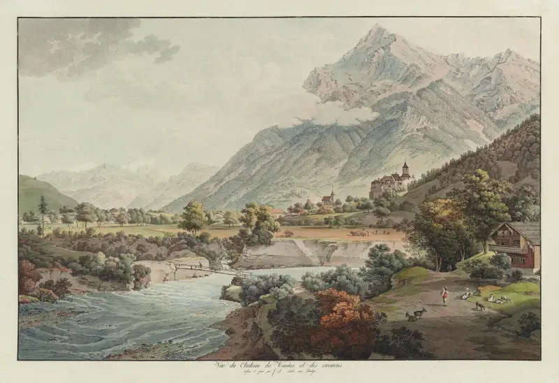 Vûe du Chateau de Wimmis et des environs av Johann Ludwig Aberli
