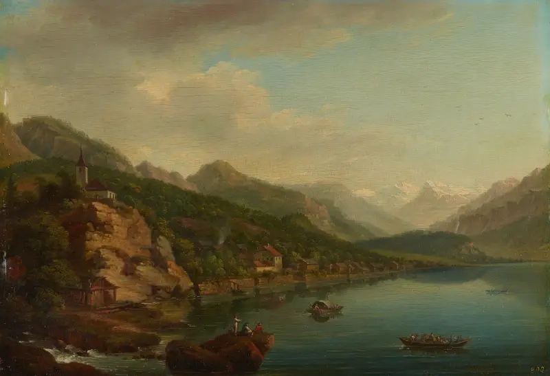 Vy över byn och sjön Brienz av Johann Ludwig Aberli