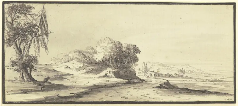 Vidsträckt kuperat landskap med en väg av Johann Ludwig Aberli
