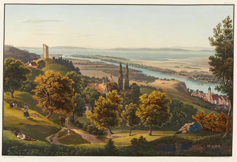 Rhens inlopp i Bodensjön med staden och ruinen Rheineck av Johann Ludwig Bleuler