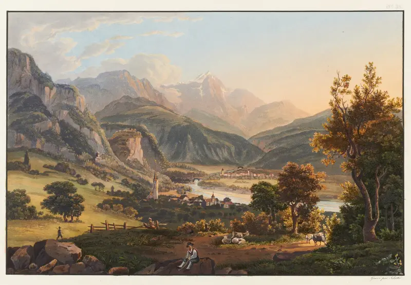 Omgivningarna kring Thusis och utsikt mot Piz Beverin av Johann Ludwig Bleuler