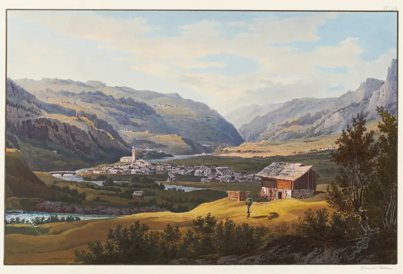 Vy över Andeer på väg från Splügen, tagen till vänster om Barenburg av Johann Ludwig Bleuler