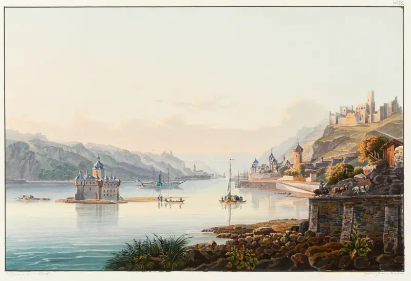 Vy över Kaub med Pfalz och ruinerna Schönburg och Gutenfels av Johann Ludwig Bleuler