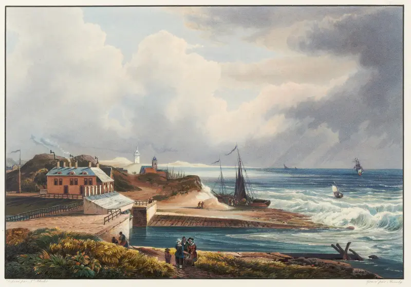 Utsikt över Katwijk och Rhens mynning i Nordsjön av Johann Ludwig Bleuler