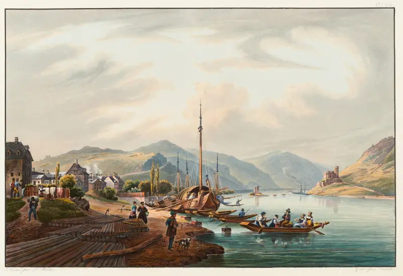 Vy över staden Bingen mot Bingerloch och Mustornet av Johann Ludwig Bleuler