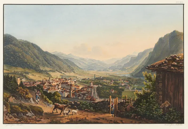 Vy över staden Chur och dess omgivningar av Johann Ludwig Bleuler