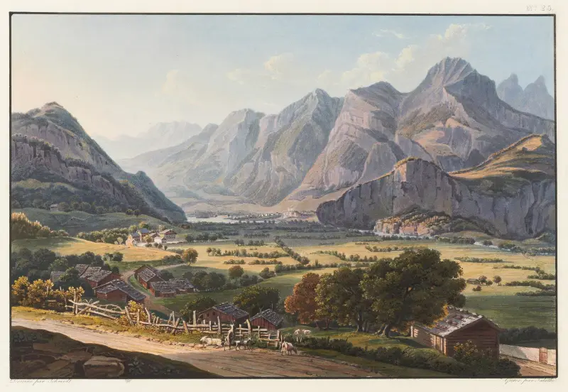 Vy över bergen vid Raticon, sedd nedanför slottet i Sargans av Johann Ludwig Bleuler