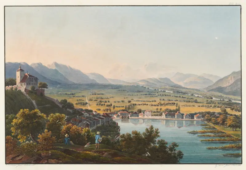 Blick auf Schloss Werdenberg und das Rheintal von Johann Ludwig Bleuler