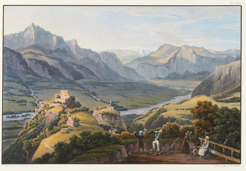 Blick auf den Mont Tabor vom Kloster Pfäfers in Richtung Pretigau von Johann Ludwig Bleuler