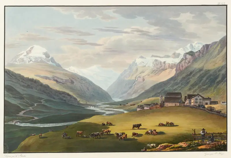 Vy över byn Hinterrhein och de första broarna över Hinterrhein, sedd mot Rhenwaldglaciären av Johann Ludwig Bleuler