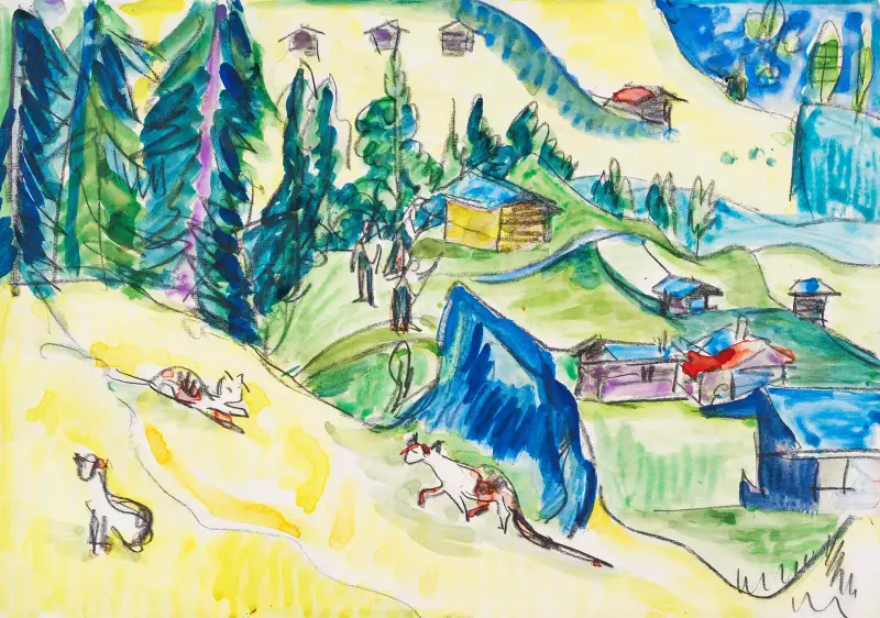 Bergsäng med hyddor och katter av Ernst Ludwig Kirchner