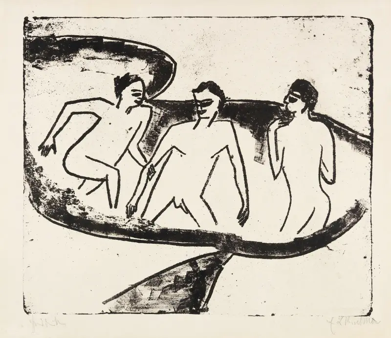Tre nakna i vattnet, Moritzburg av Ernst Ludwig Kirchner