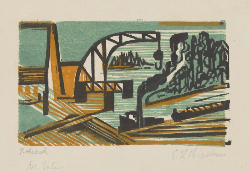 Flodlandskap med kran och bogserbåt av Ernst Ludwig Kirchner