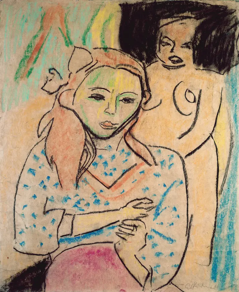 Fränzi framför en snidad stol av Ernst Ludwig Kirchner